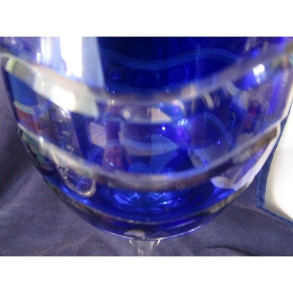 Cobalt Cut to Clear Wavy Lines Crystal Bohemian Wine Glass Unmarked Flawed - Picture 12 of 16